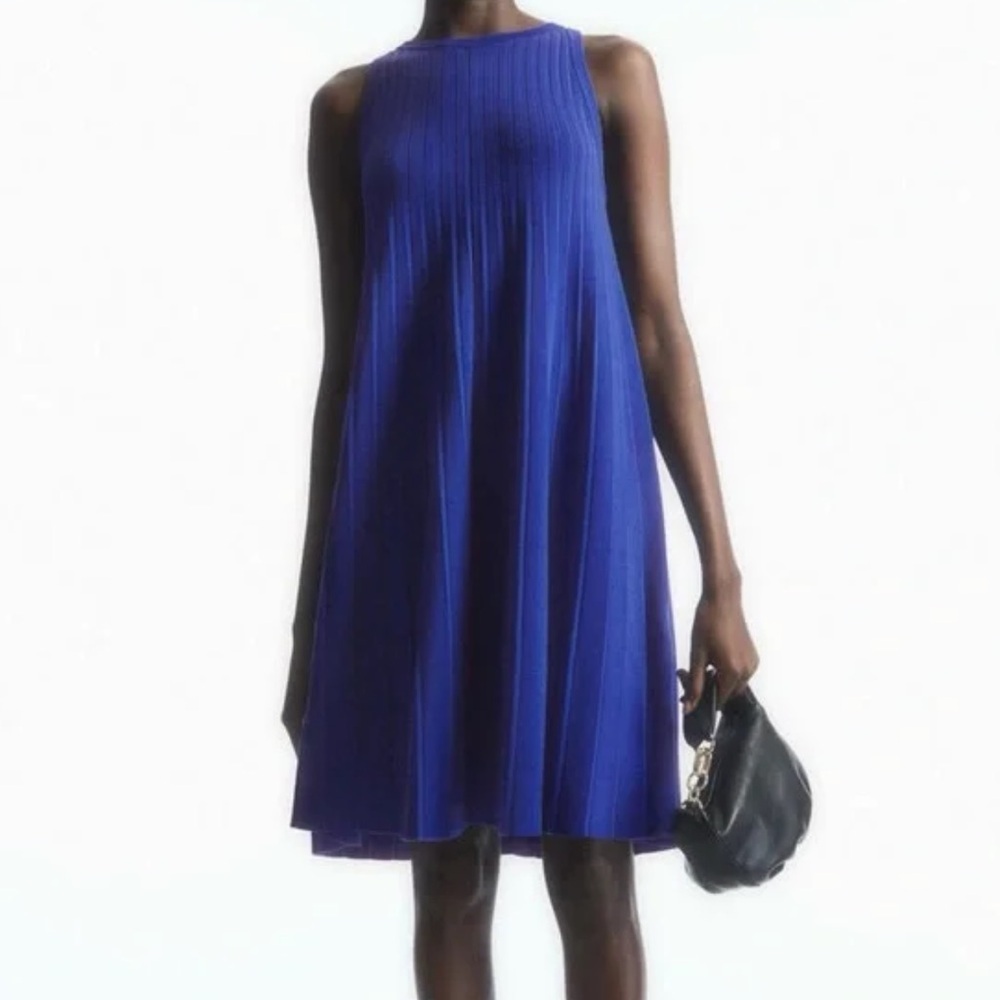 COS Pleated A-Line Pleated Mini Dress Knit Cobalt Blue Sleeveless Size Medium